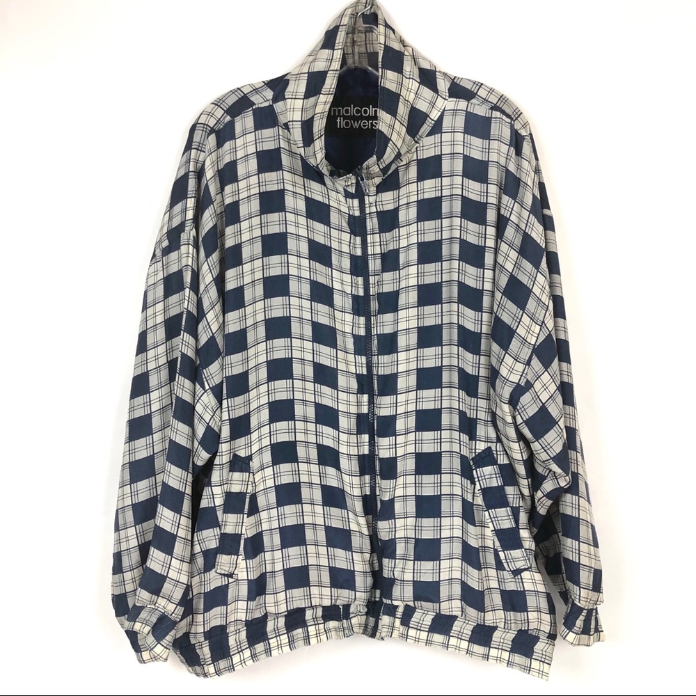 MALCOLM FLOWERS VTG SILK Zip-up Windbreaker Plaid - Picture 2 of 8